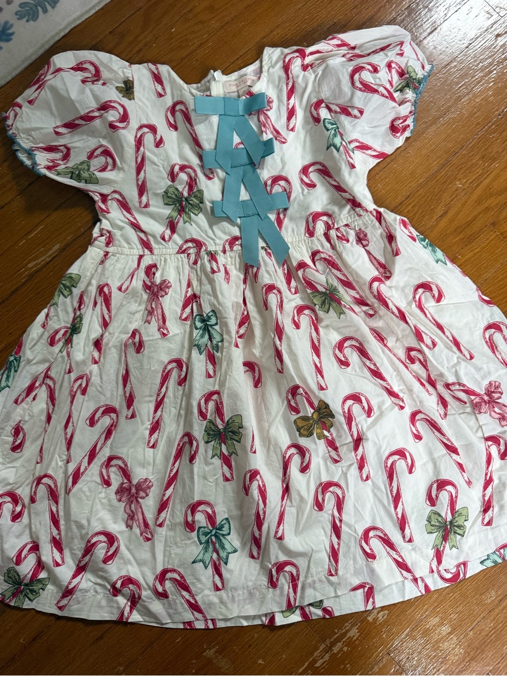 Pink Chicken White Holiday Candy Cane Dress with Blue Bows